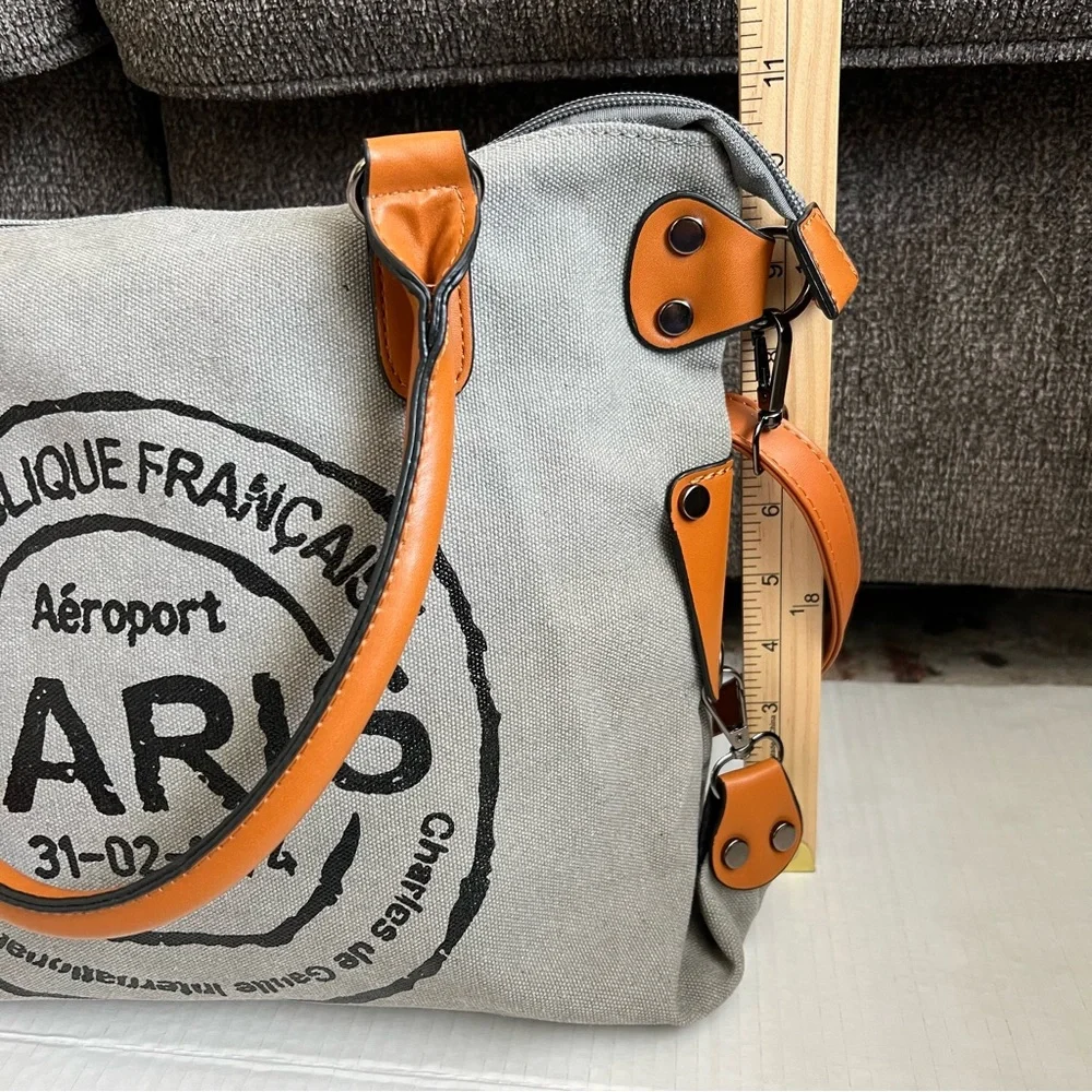 Paris Graphic Canvas Crossbody Tote Bag Gray Cognac Travel Messenger Purse